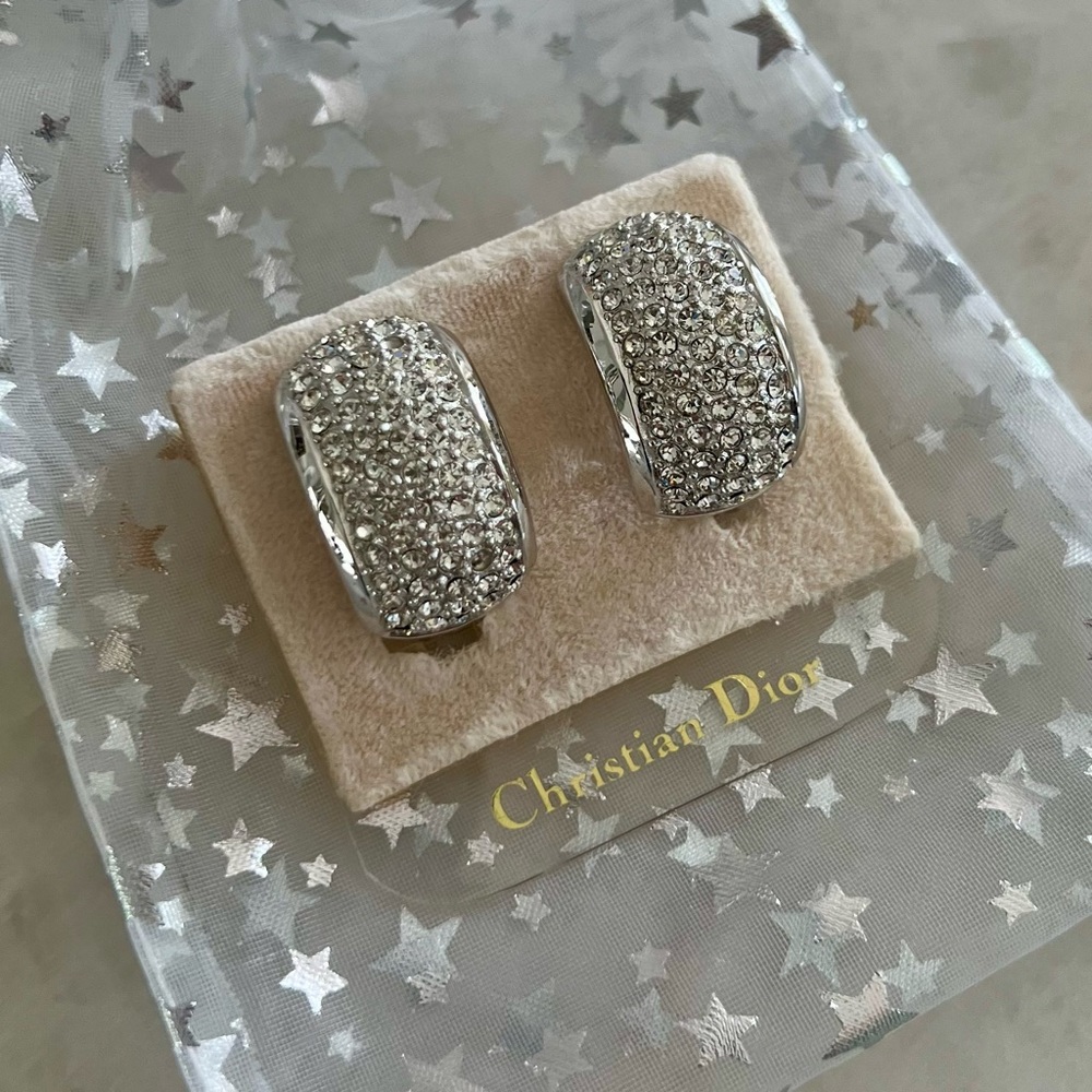 Christian Dior Vintage Silver Pave Crystal Half Hoop Clip-On Earrings - Picture 16 of 16